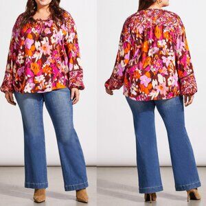 BNWT TRIBAL JEANS Floral Boho Tassel Flowy Blouse Womens 1X Pink Orange Casual
